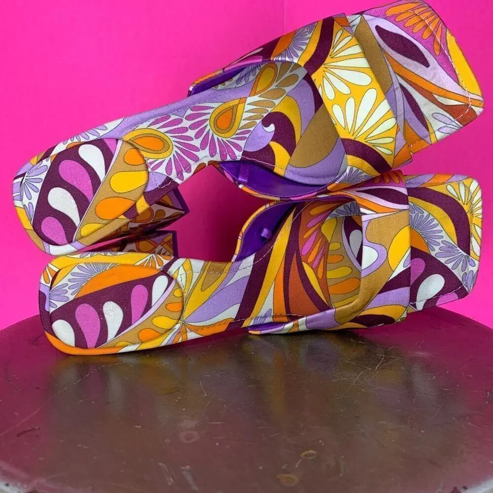 Zara Orange Purple Swirly Retro Print Slip-On Heeled Sandals US 6.5 - Picture 6 of 6